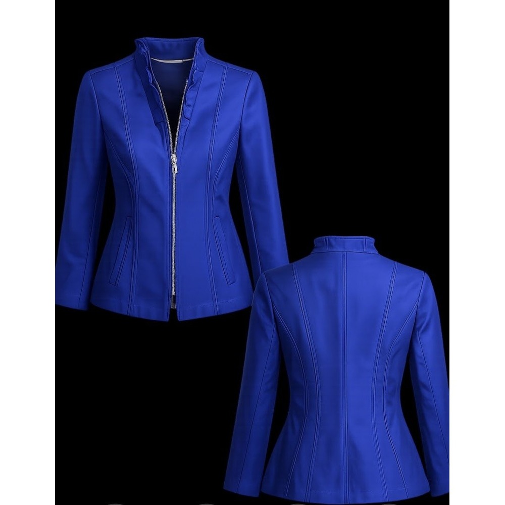 White House Black Market Cobalt Blue Ruffle Collar Zip Jacket ID801791 Size 2